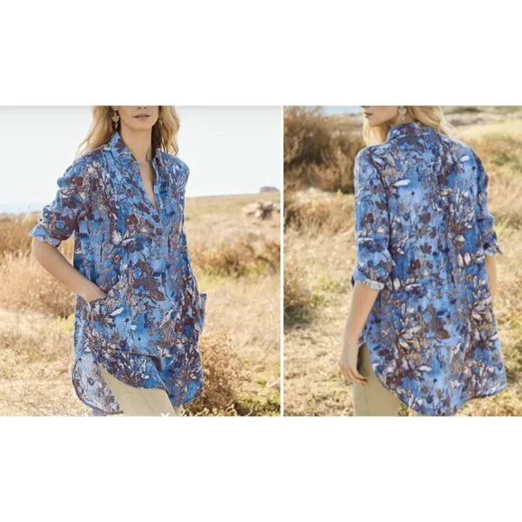 EUC Peruvian Connection Women Linen Trapani Tunic L Blue Floral Boho Artisan - Picture 1 of 14